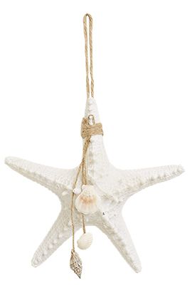 Sjøstjerne med skjell og ledlys 22cm hvit