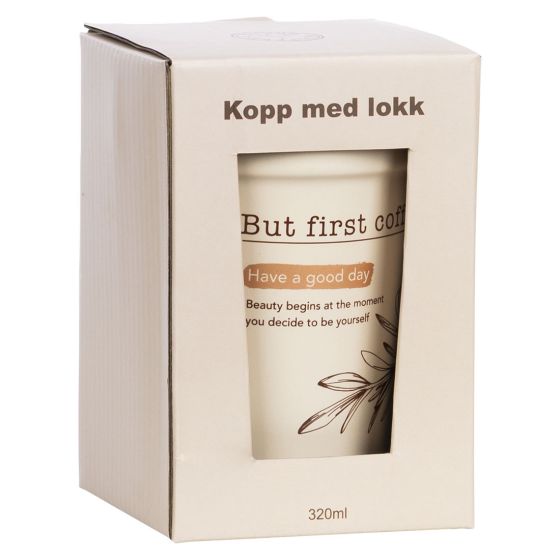 Kopp med lokk Coffee first 320ml Beige