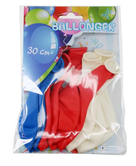 Ballonger 10pk rød, hvit og blå