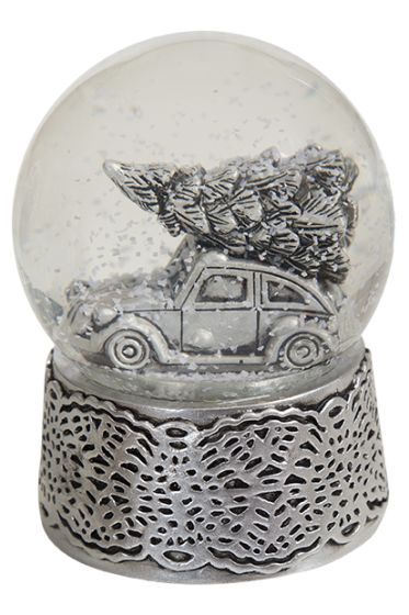 Glasskule med bil og tre antikk sølv