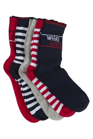 Kids Clothing 5pk sokker med tekst og striper rød, grå, marine