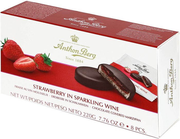 Anthon Berg Marsipan med mørk sjokolade strawberry in sparkling wine