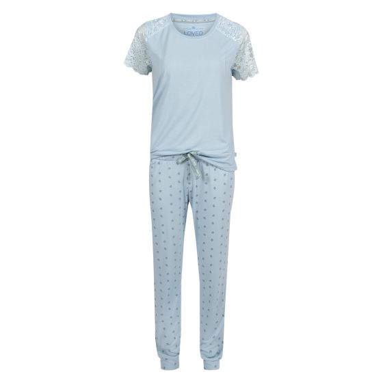 Pyjamas med print og blonder blå.