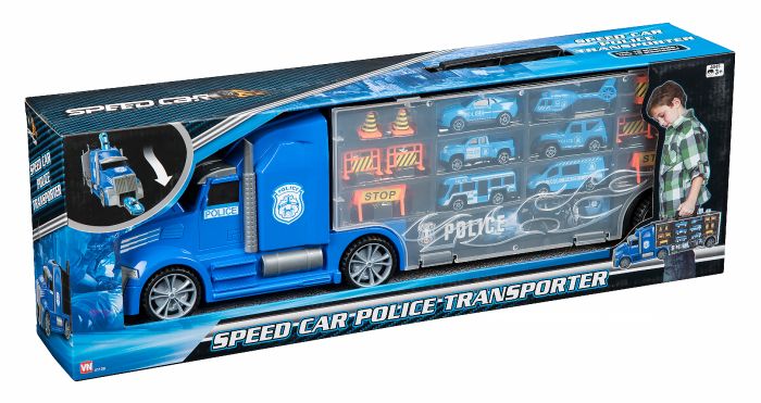 Speedcar stor politilastebil med 6 kjøretøy og utstyr standard